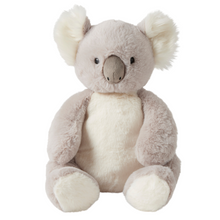 A gray and beige plush koala soft toy with a soft gaze and sitting upright.