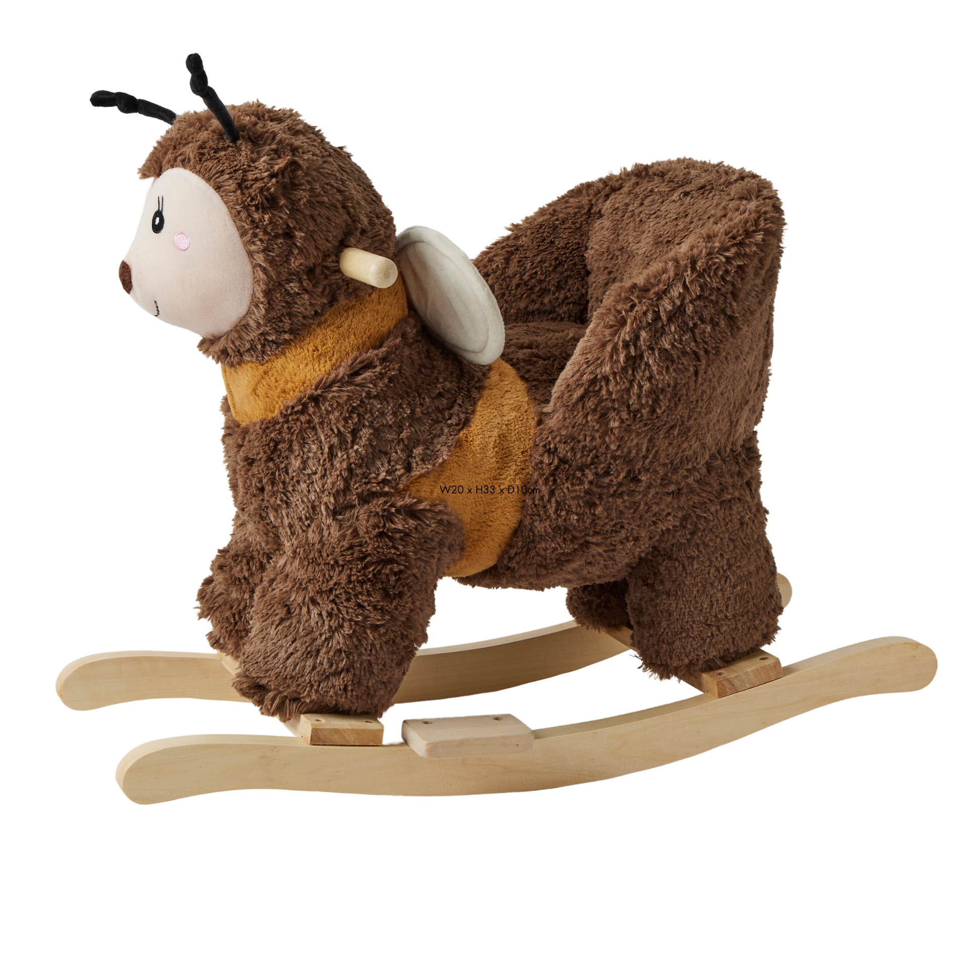 Brown bumble bee plush ride-on toy with wooden rocking bow