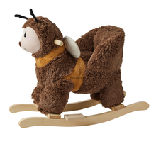 Brown bumble bee plush ride-on toy with wooden rocking bow