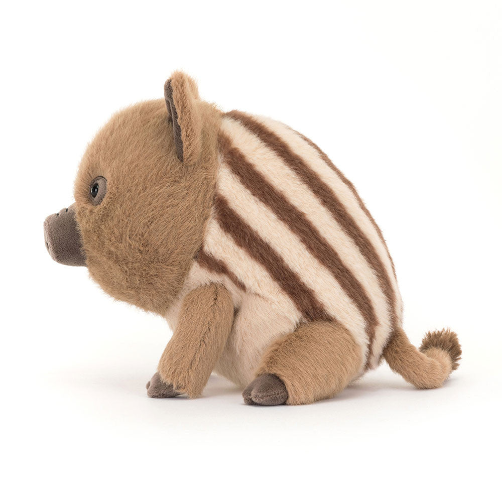 Jellycat Plush toy warthog with brown and beige stripes on a white background