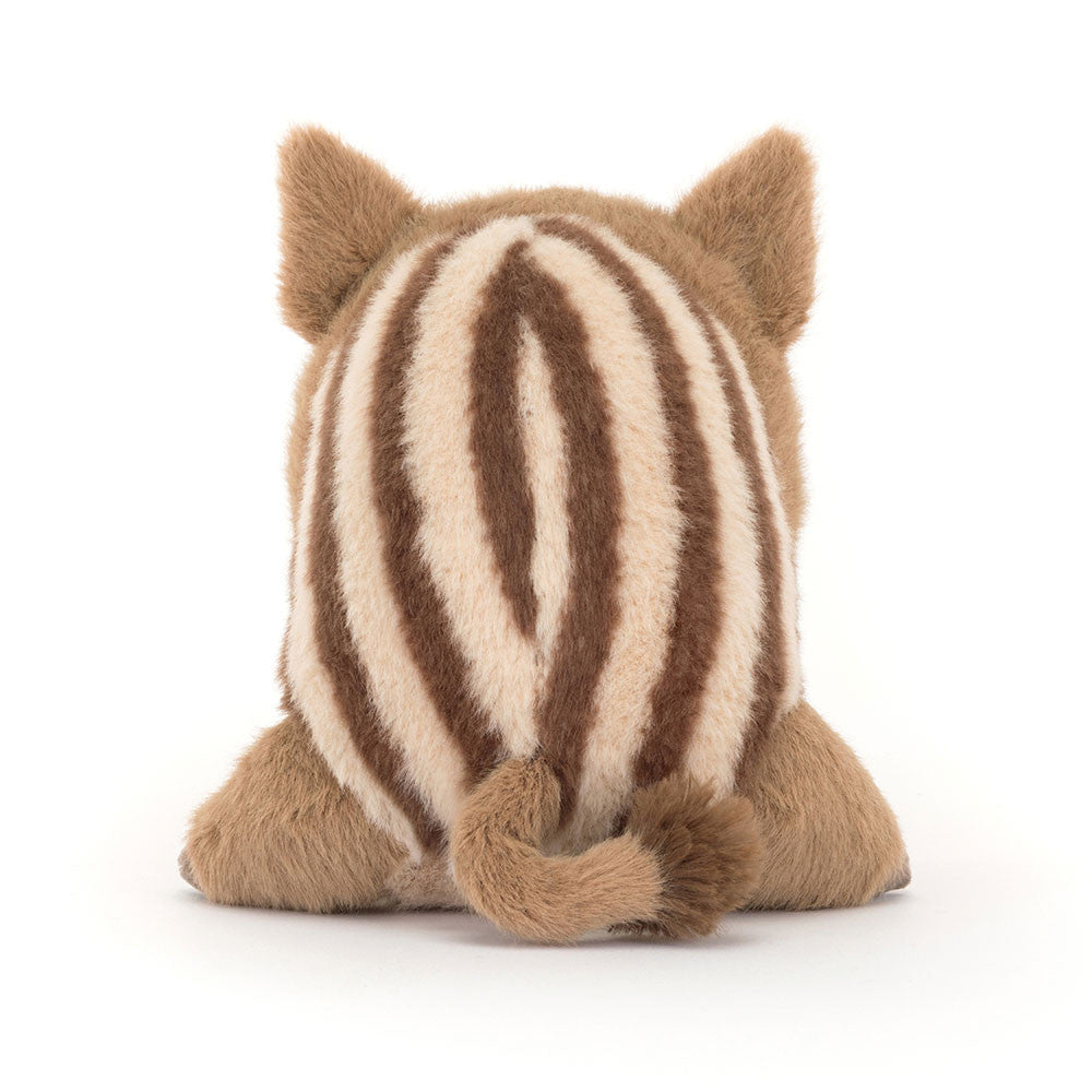Stuffed animal with brown and beige striped body on a white background