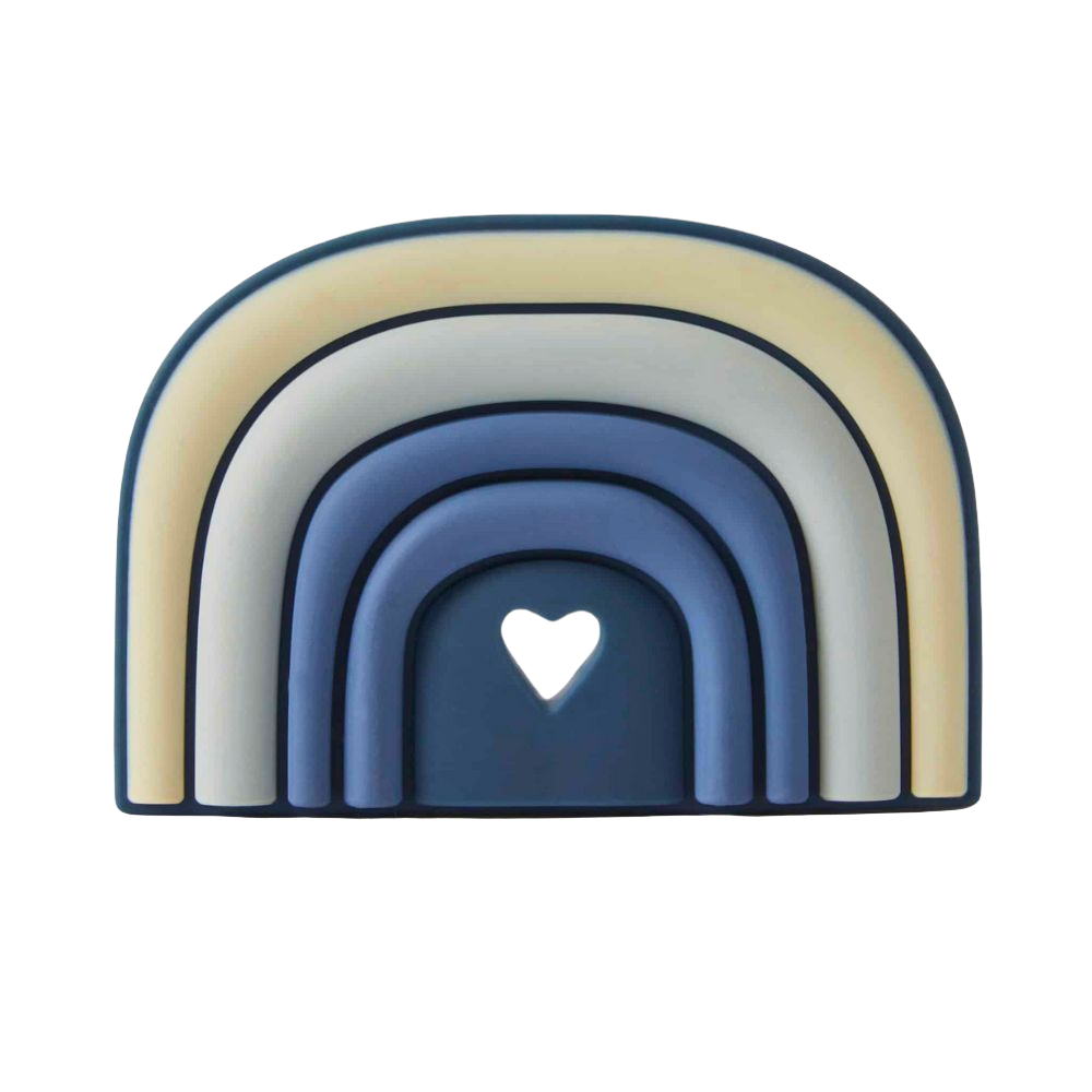 A silicone teether with a rainbow design, featuring various colors and a heart-shaped detail.