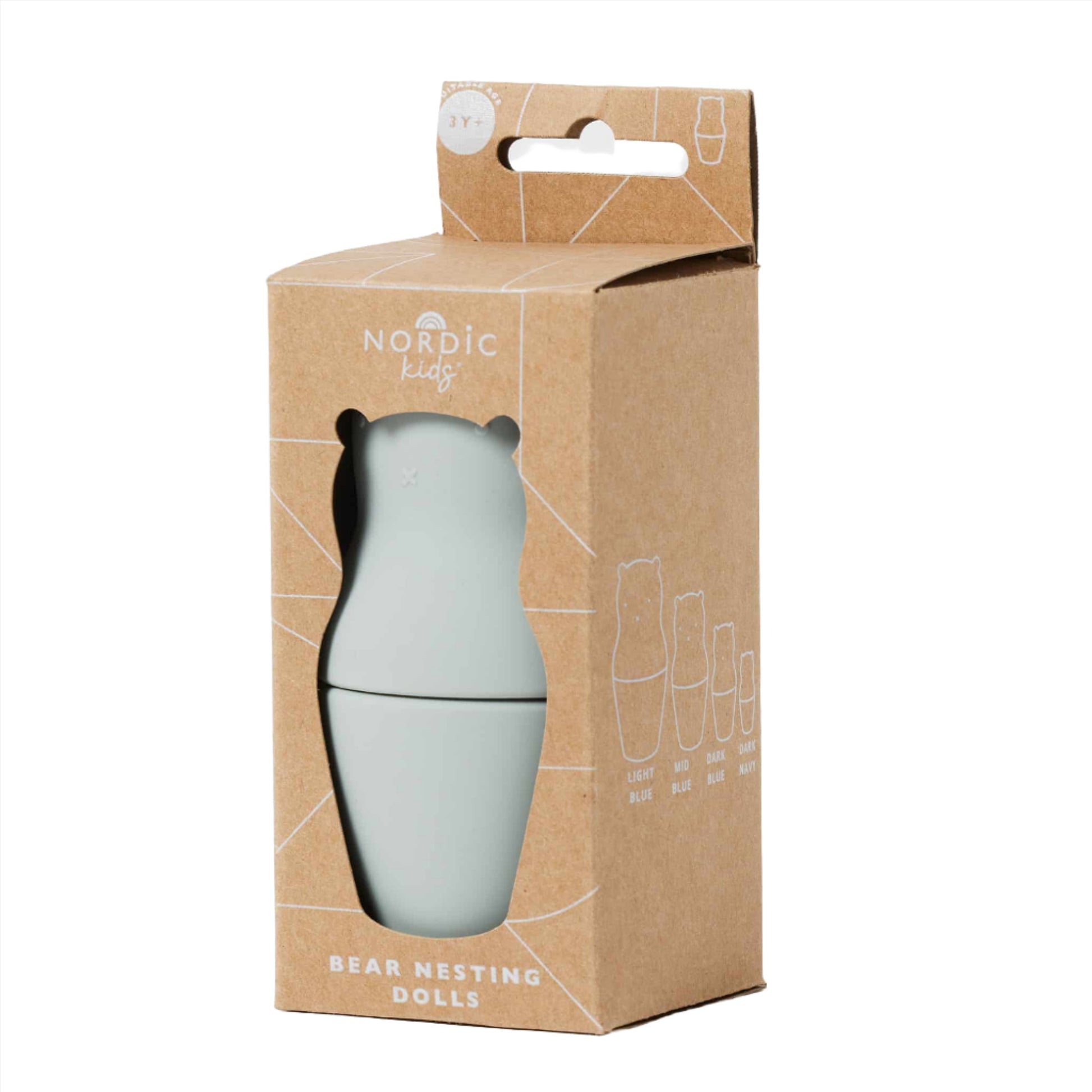 Kraft brown retail box with the words Bear Nesting Doll printed on it.
