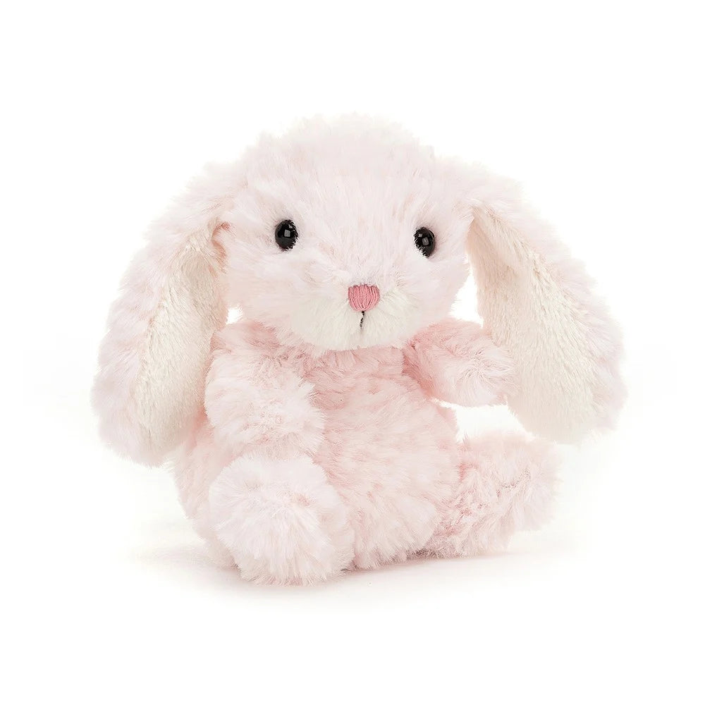 Small pastel pink bunny plush toy with candy pink nose and floppy ears