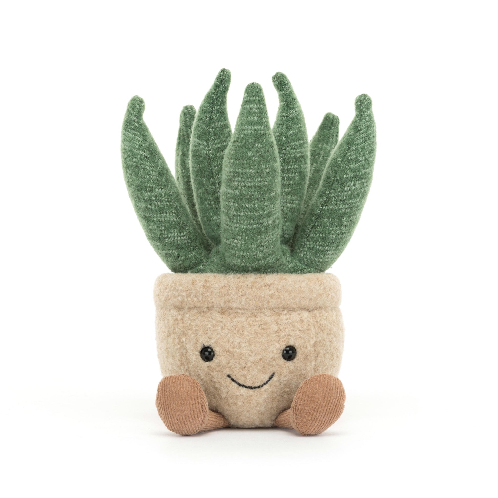 A small plush toy designed to look like an aloe vera plant with a beige pot, green leaves, and a smiling face.