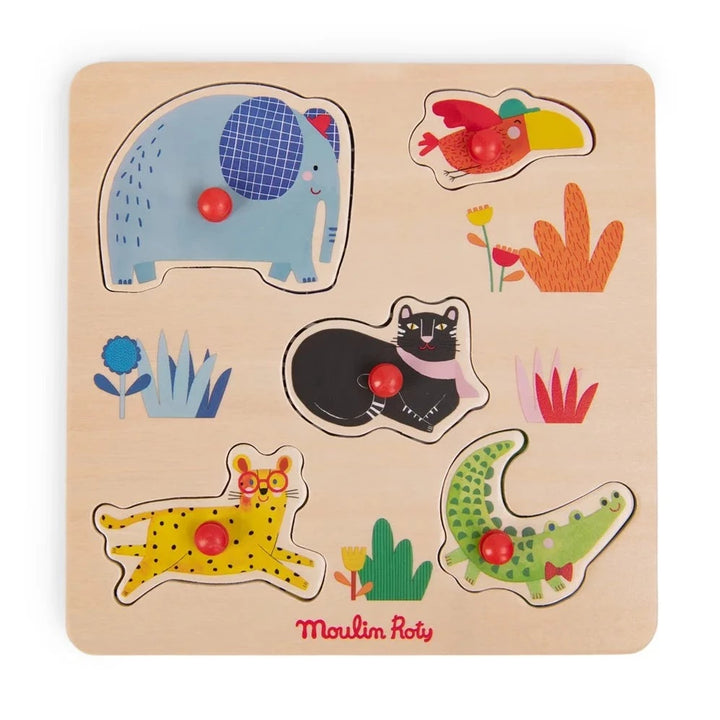 Five piece wooden animal peg puzzle, Moulin roty brand - at Send A Toy