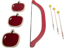 Toy bow and arrow set with three red apples and three yellow arrows on a white background