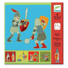 A colorful packaging of Djeco Knights Stencil Set showing 5 plastic stencil templates with knight-themed designs, and a cartoon illustration of a knight on the cover.