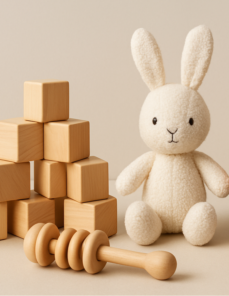 Banner image with wooden blocks, stuffed bunny toy, tangerine and blue drum, and a wooden rattle laid down in the foreground