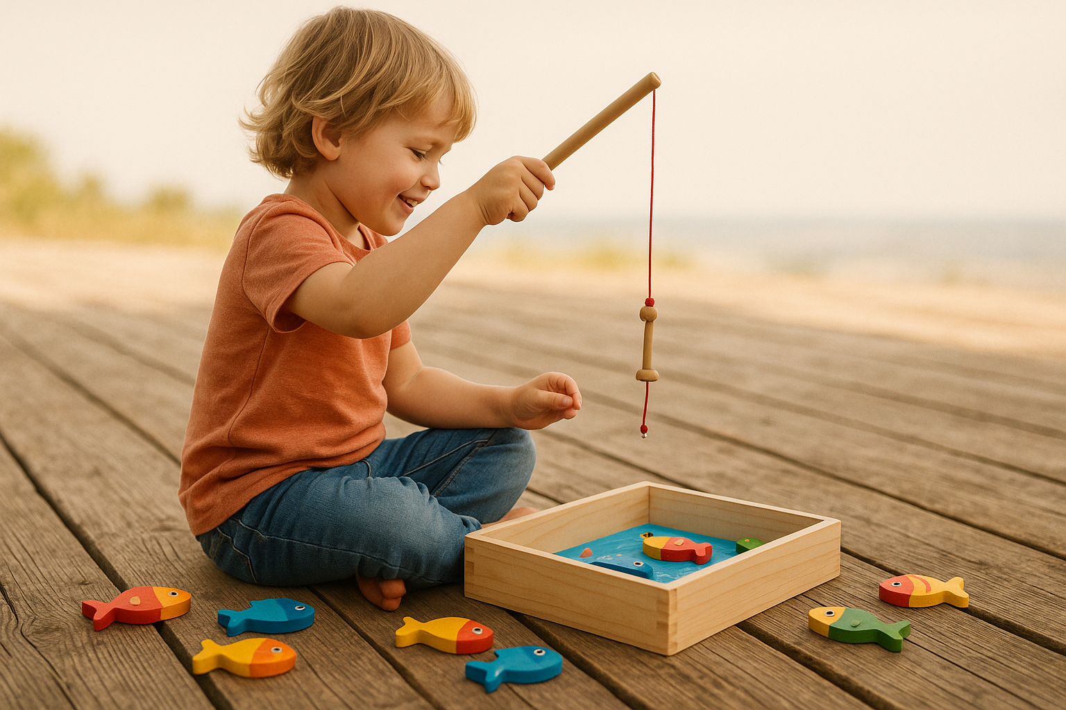 Banner scene of a child sitting sideways on a rustic deck playing with a wooden fishing game, shown in profile view