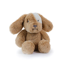 Brown plush dog toy on a white background