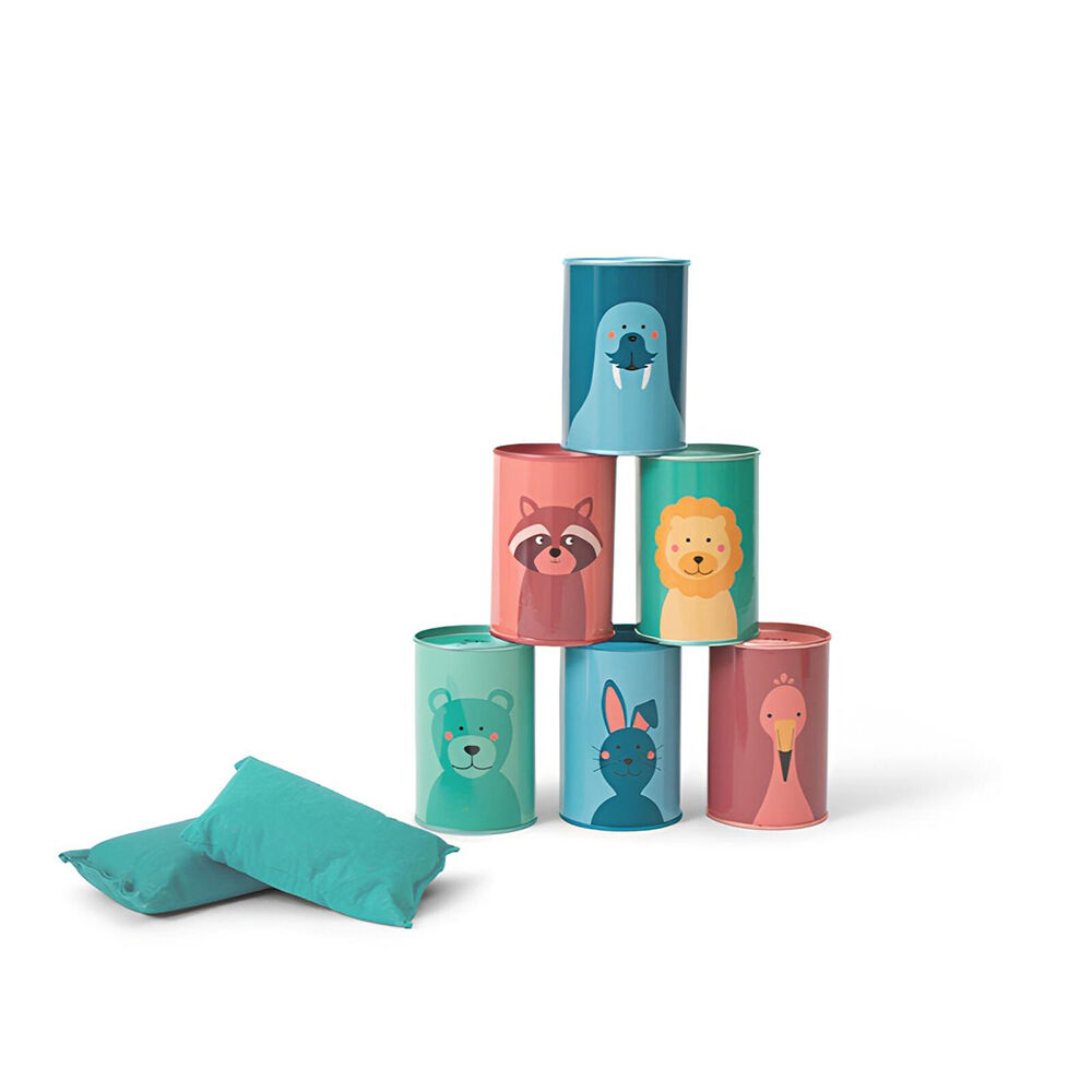 Set of colorful cylindrical containers with animal illustrations on a white background