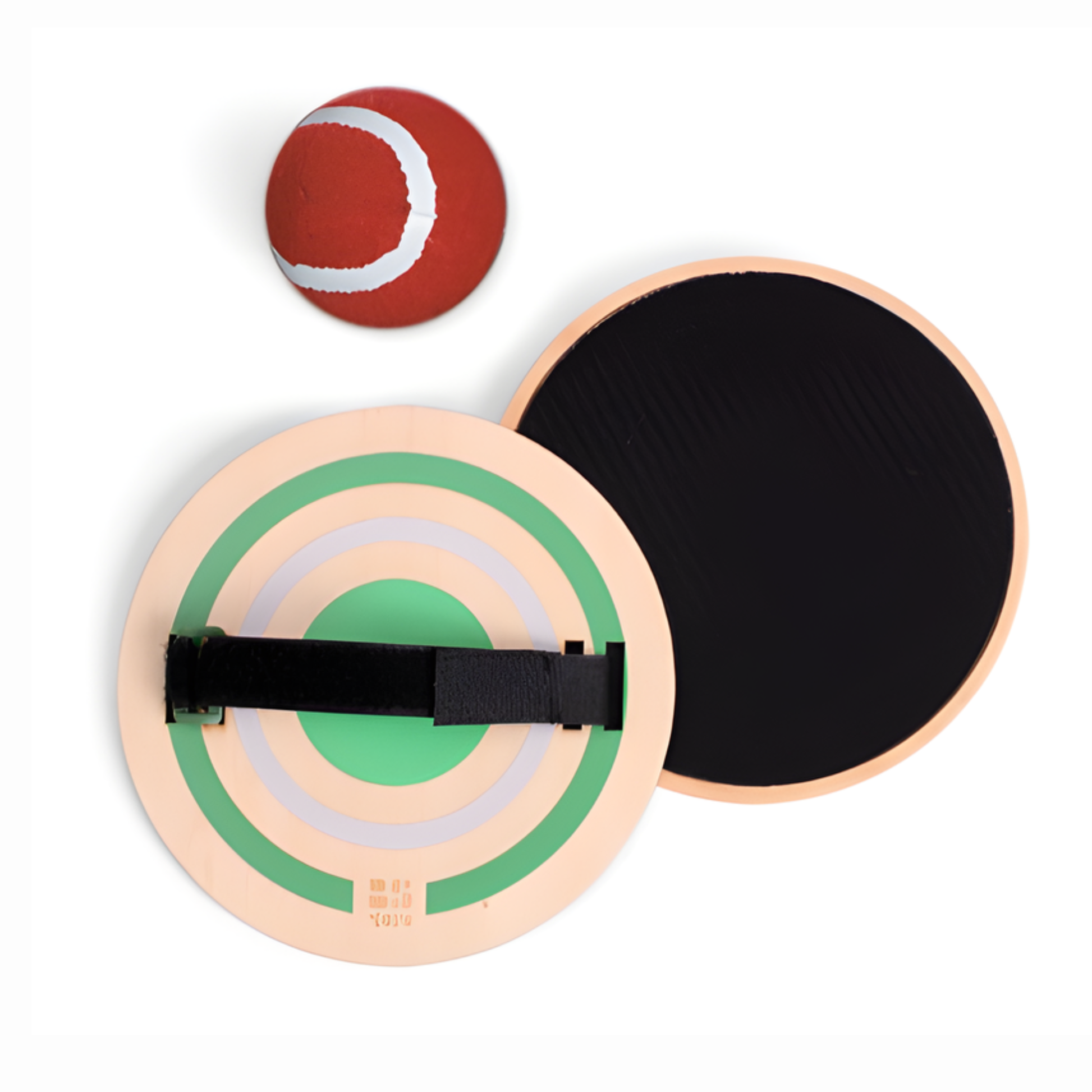 Wooden catch ball device with a red and white ball on a white background