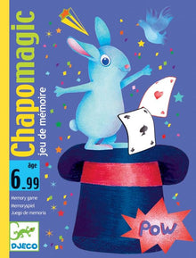 Packaging for the 'Chapo Magic' card game featuring an illustration of a blue rabbit in a black hat holding a red card, with other colorful cards and stars in the background.