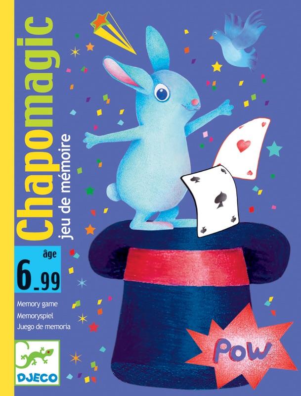 Packaging for the 'Chapo Magic' card game featuring an illustration of a blue rabbit in a black hat holding a red card, with other colorful cards and stars in the background.