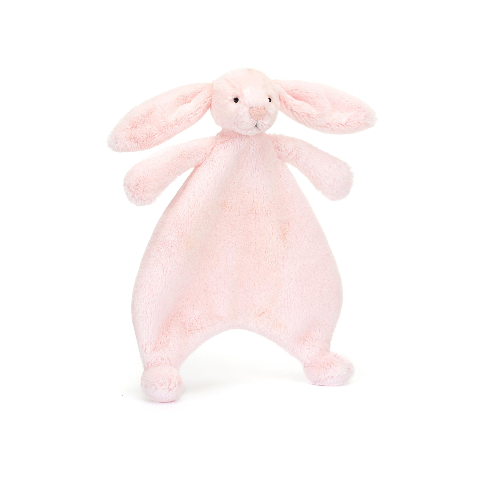 A plush pink bunny comforter with long lop ears, a pink suedette nose, and embroidered eyes. It has a soft, furry texture and is designed for young children.