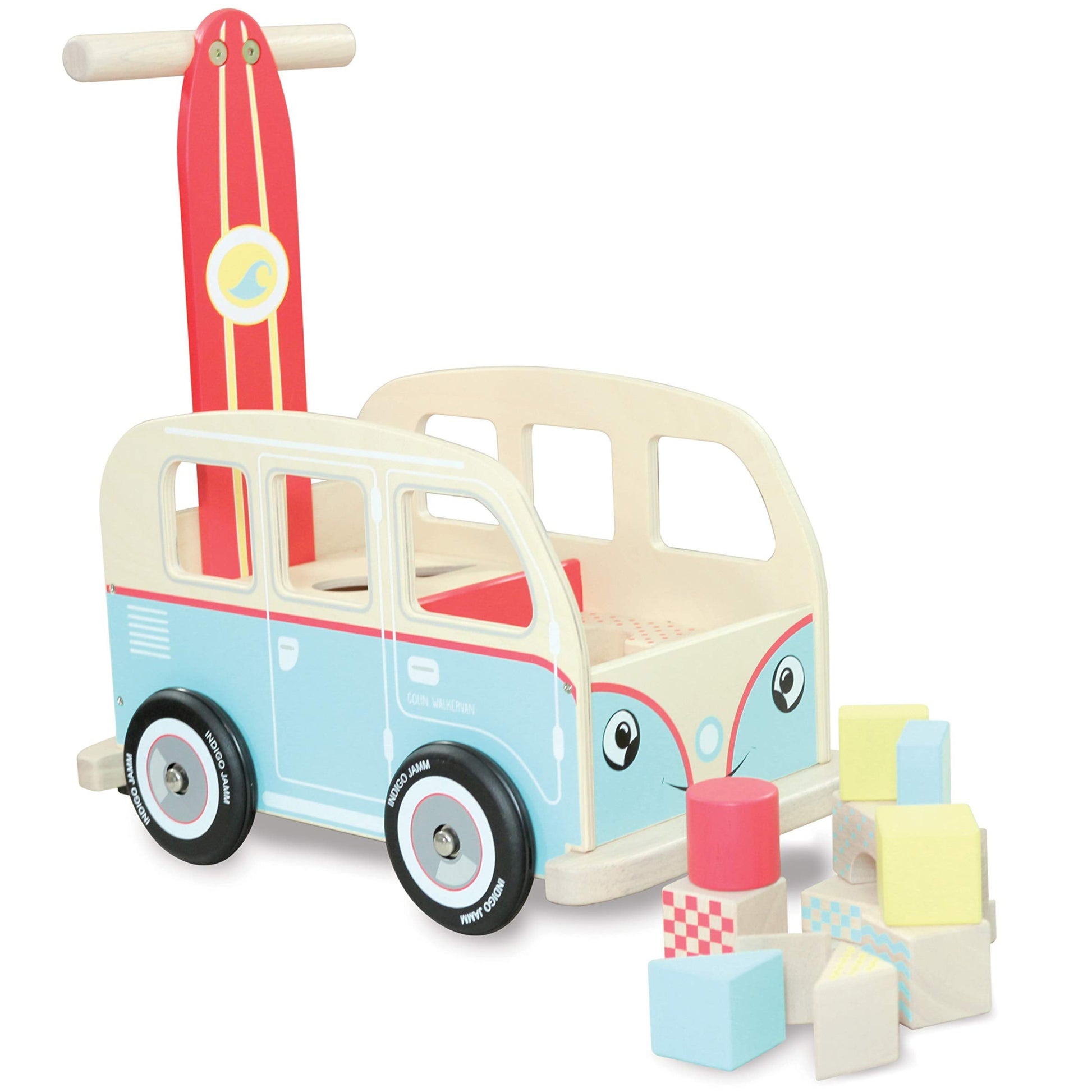 Comby van wooden baby walker toy with surfboard shaped push handle