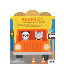 A coloring book cover featuring a vehicle with animals inside, specifically a bear and a cat, and the title 'VEHICLES Coloring Book + Stickers'.