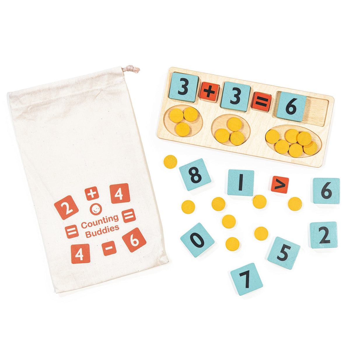 Mentari Counting Buddies Puzzle with number tiles, counters, tray and storage bag