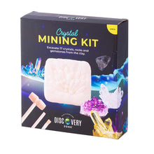 Crystal mining kit packaging with images of crystals and tools on a white background