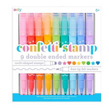 A set of 9 double-ended markers with fine felt tips on one end and multicolored stamp shapes on the other, packaged in a box with the Confetti Stamp brand visible.