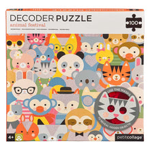 A colorful puzzle box cover featuring a variety of illustrated animal faces with text and two decoder masks.