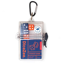 DiceZee dice set with carrying case and carabiner on a white background