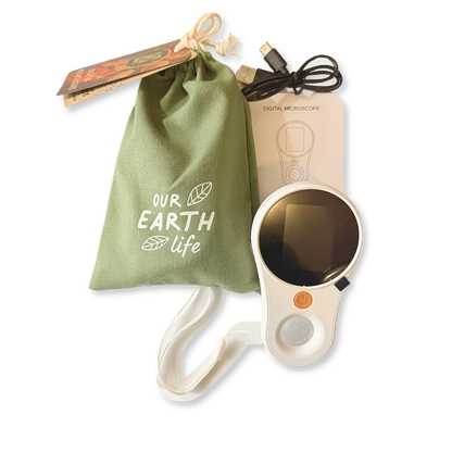 Digital microscope with carrying pouch labeled 'Our Earth Life' on a white background