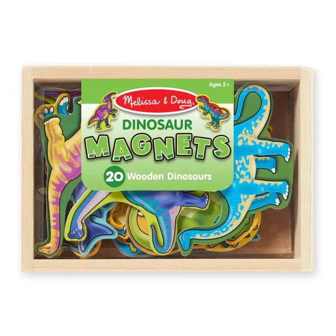 A set of colorful wooden dinosaur magnets in various shapes and colors, packaged in a wooden storage crate with a snap-in top.