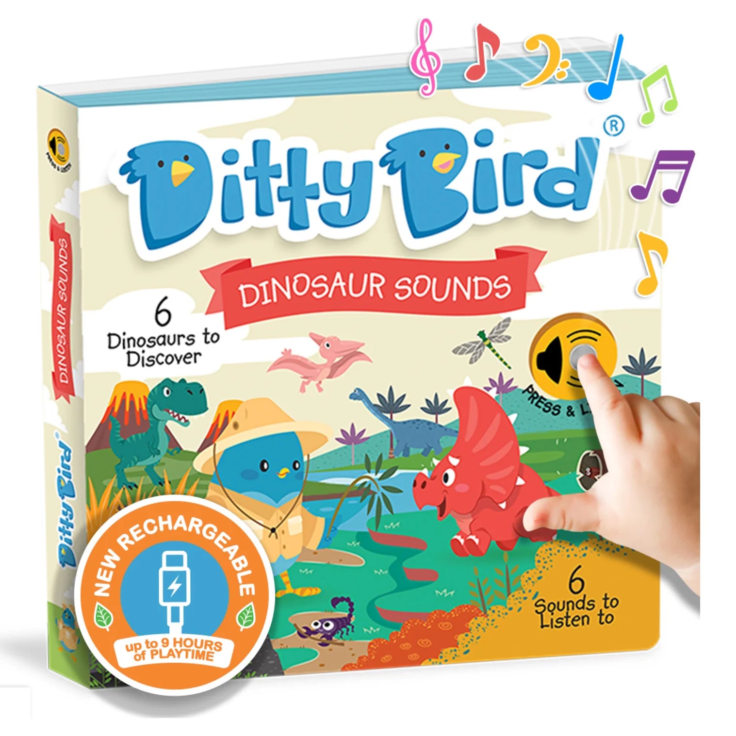 Ditty Bird dinosaur sounds book with colorful illustrations and a hand pressing a button.