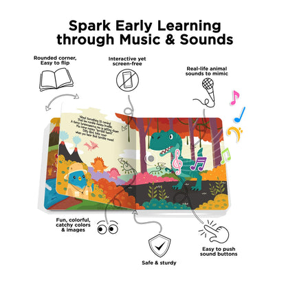 Children's book with dinosaur illustrations and text about early learning through music and sounds.