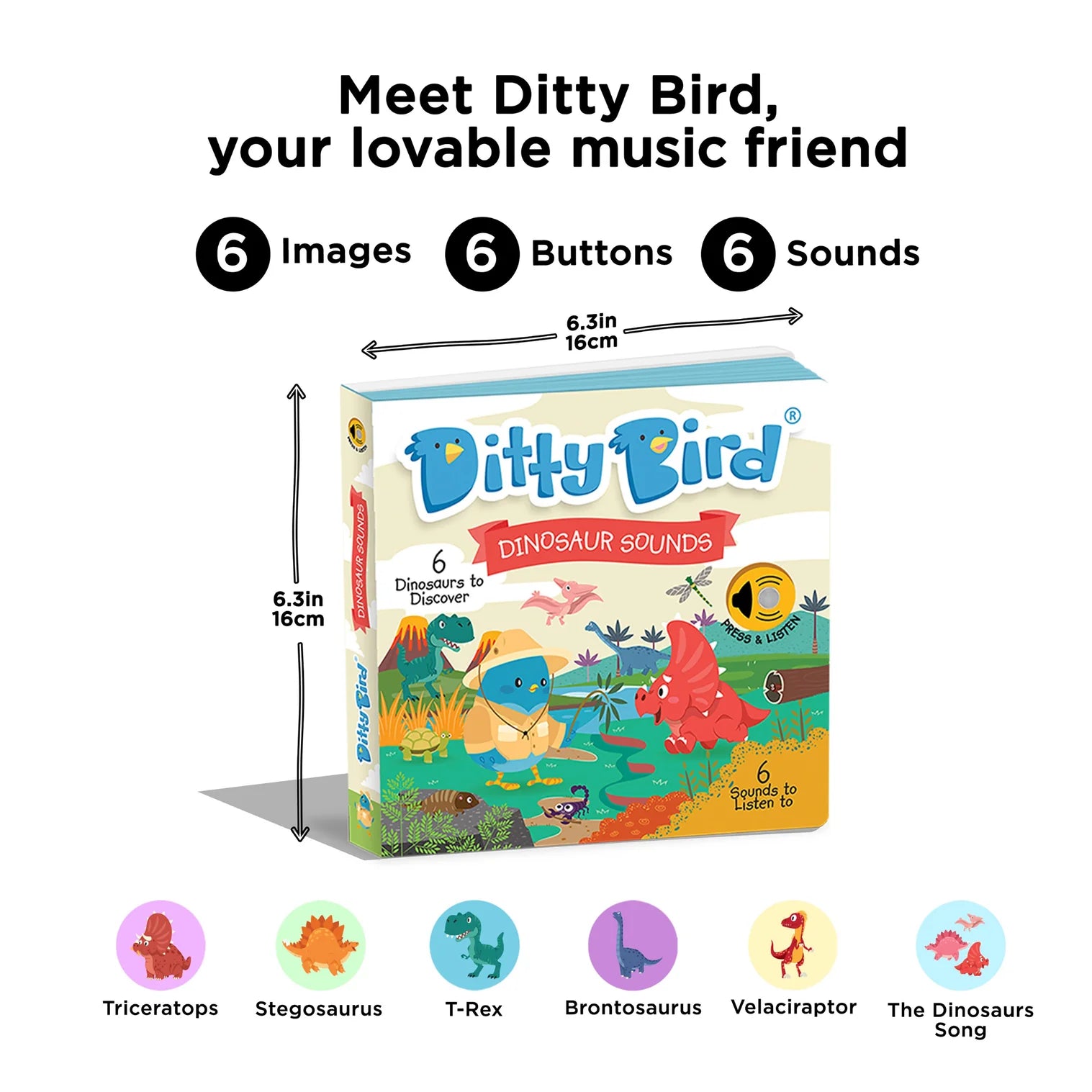 Ditty Bird dinosaur sounds toy packaging with features listed and dimensions shown.