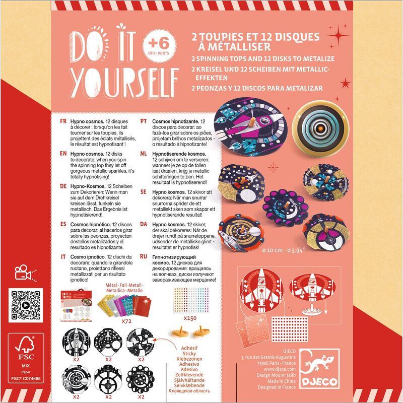 Back of Djeco Hypno Cosmos Spinning Tops Craft Kit showing contents and instructions
