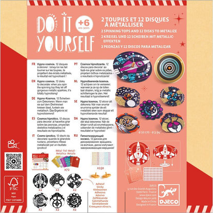 Back of Djeco Hypno Cosmos Spinning Tops Craft Kit showing contents and instructions
