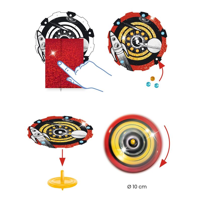 Djeco Hypno Cosmos craft steps for applying metallic foil and assembling a spinning top