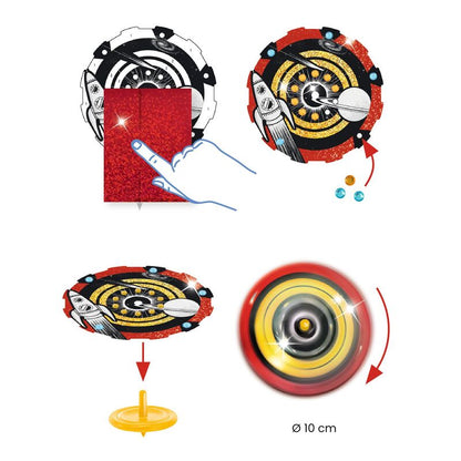 Djeco Hypno Cosmos craft steps for applying metallic foil and assembling a spinning top