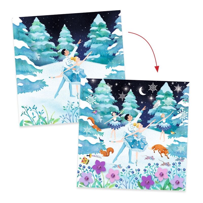 Nutcracker snow scene before and after decorating