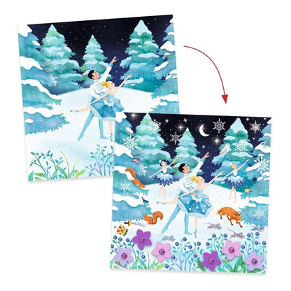 Nutcracker snow scene before and after decorating