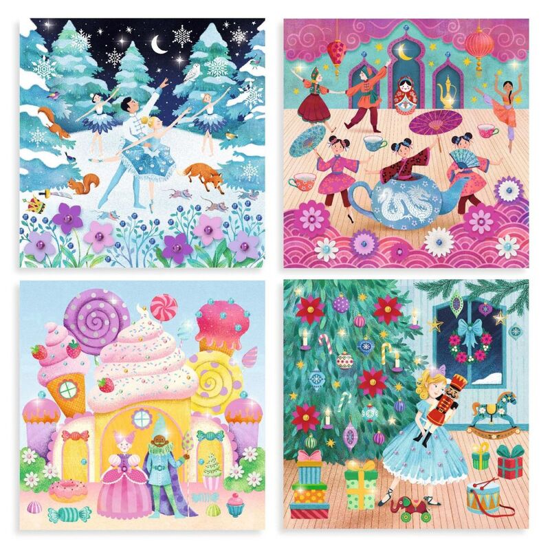 Four decorated Nutcracker ballet scenes in the Djeco craft set