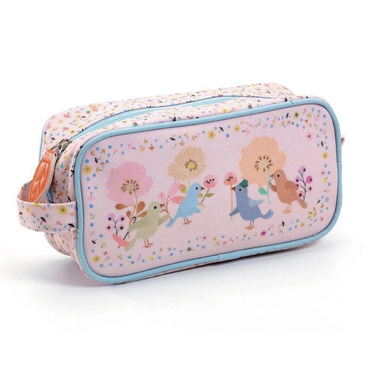 A light pink zippered pencil case with a floral pattern and cartoon animal illustrations, featuring a light blue border and a matching fabric wrist strap.