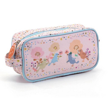 A light pink zippered pencil case with a floral pattern and cartoon animal illustrations, featuring a light blue border and a matching fabric wrist strap.