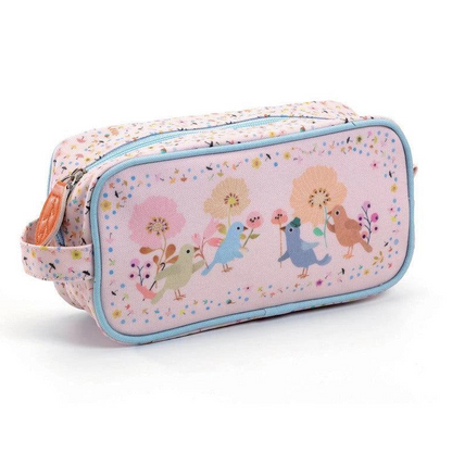 A light pink zippered pencil case with a floral pattern and cartoon animal illustrations, featuring a light blue border and a matching fabric wrist strap.