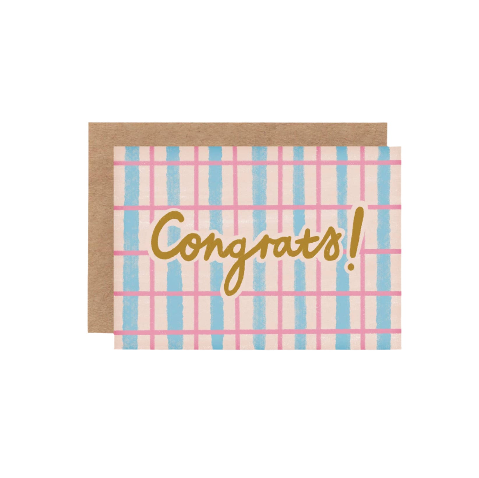 A mini greeting card with a blue and pink gingham pattern and the word 'CONGRATS' in gold letters. It has a beige border at the top where a personalized message can be written.