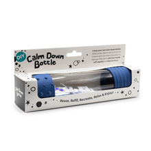 A packaged DIY Calm Down Bottle kit with a galaxy blue design on the packaging, labeled as reusable and refillable.