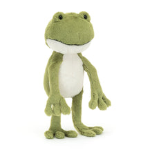 A plush toy depicting a green frog with mossy green fur, cute bobbled toes, and a cream chin and bib.