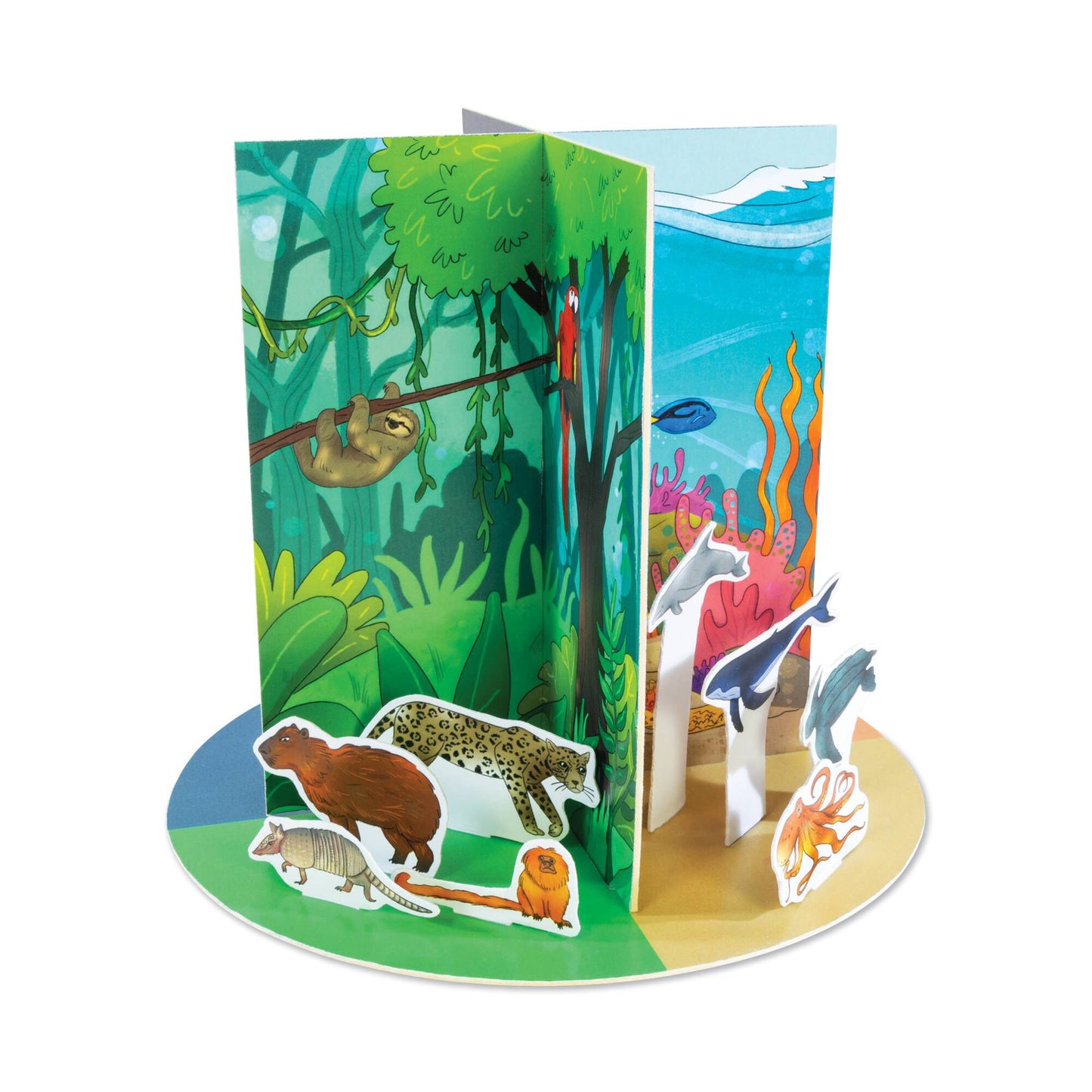 Colourful circular cardboard animal diorama.
