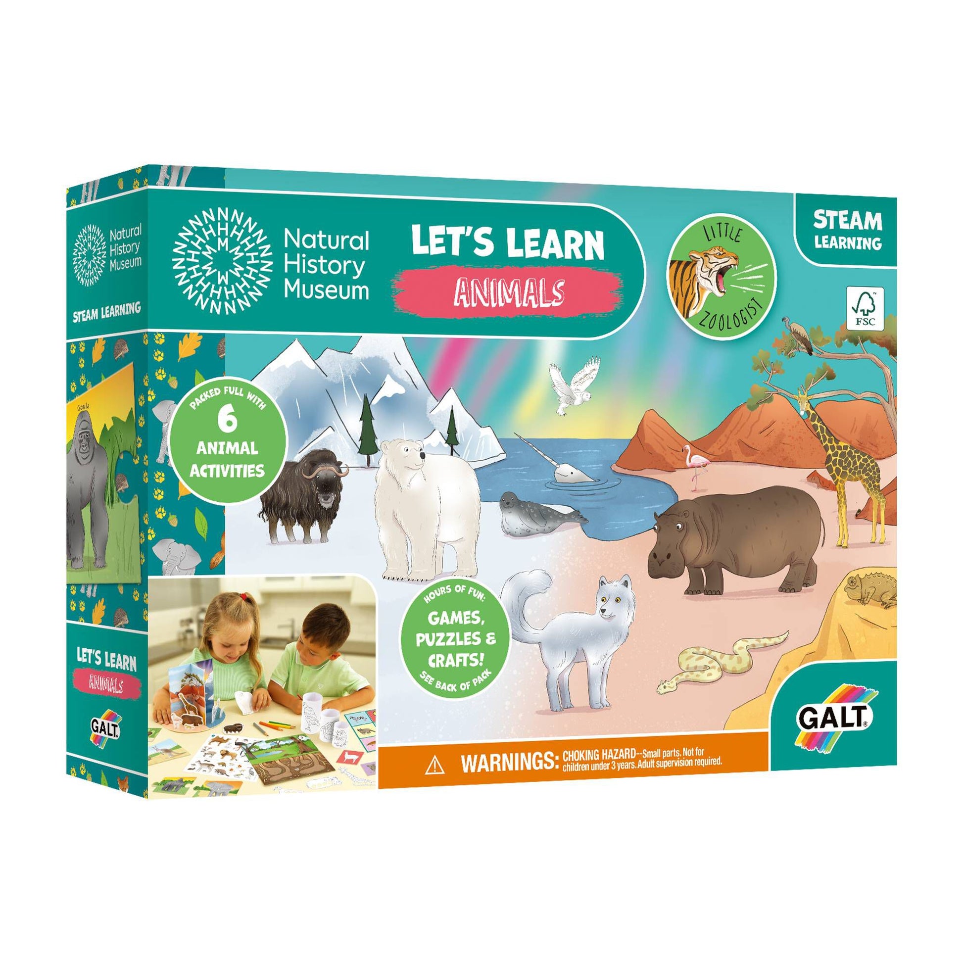 Packaging for 'Let's Learn Animals' educational toy set, featuring illustrations of animals and activities such as games and crafts.