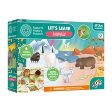 Packaging for 'Let's Learn Animals' educational toy set, featuring illustrations of animals and activities such as games and crafts.