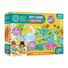 Packaging for 'Let's Learn Dinosaurs' educational toy kit featuring illustrations of various dinosaurs, children engaging with the activities, and product details.