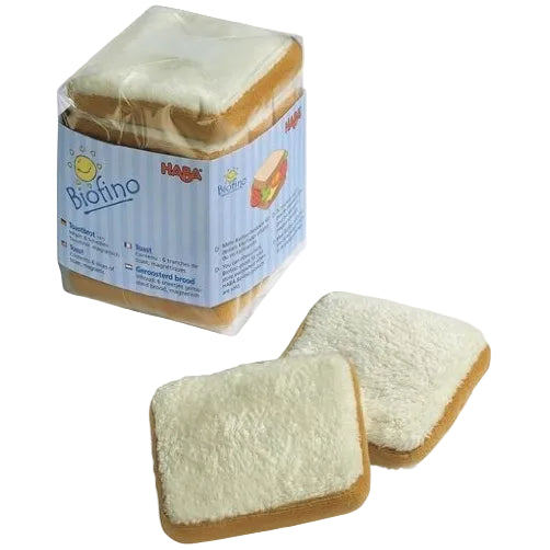 Packaged bread playfood with two slices on a white background